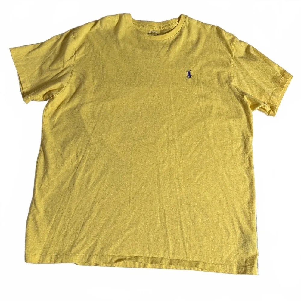 POLO Ralph Lauren Bright Yellow Men's Cotton Large Short Sleeve Tee. Purple Logo